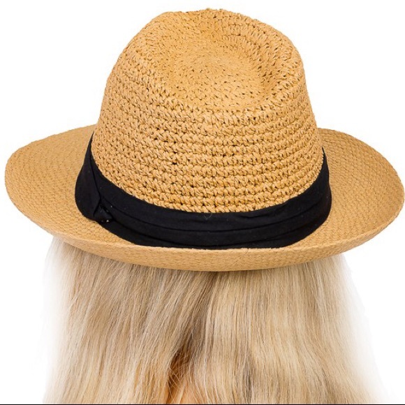 Tan Black Band Wide Brim Panama Crochet Fedora - Picture 3 of 7